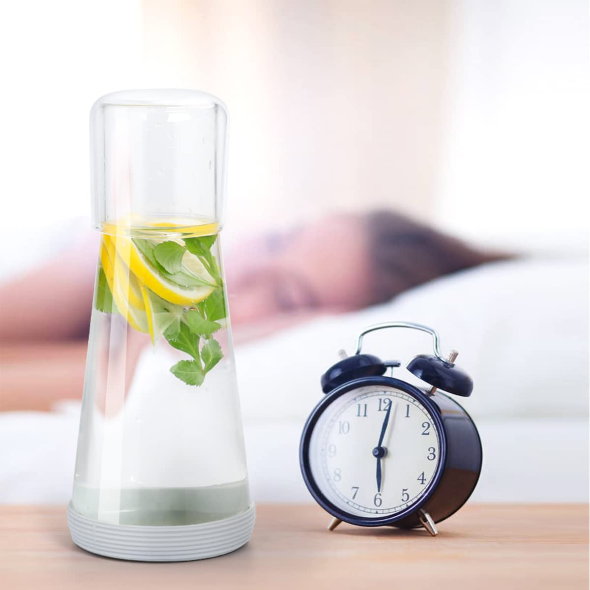 Quyimy Bedside Water Carafe with Glass,Water Carafe Set with Lid Tumbler Glass for Nightstand Bedroom Bath,Night Clear Carafe with Cup & Grey Silicone Coaster Set for Mouthwash,Water,30 oz/850ml