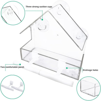 WLLKOO Window Bird Feeder 2 Pack, Bird House for Outside with 4 Rod, Small Acrylic Window Bird Feeder with Strong Suction Cups and Drain Holes 5.9 * 2.4 * 5.9 inch