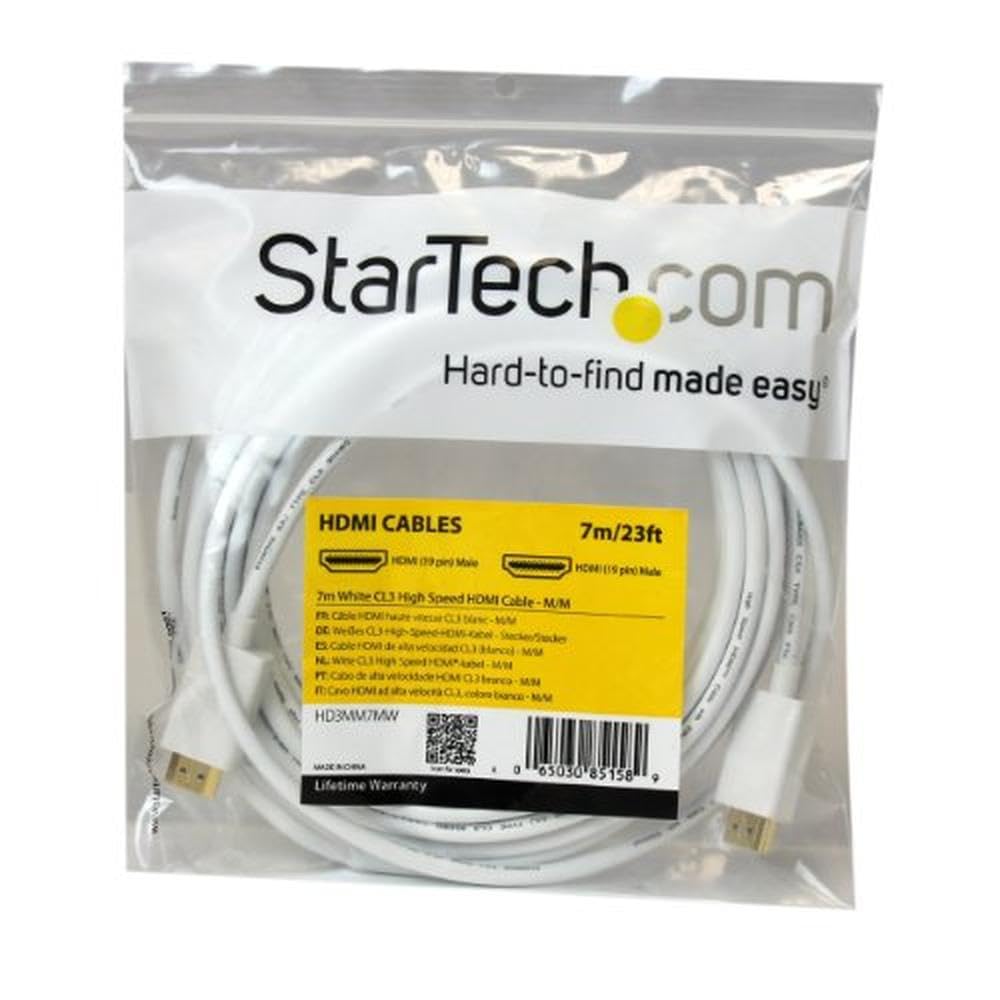StarTech.com 7m 23 ft White CL3 In-wall High Speed HDMI Cable - Ultra HD 4k x 2k HDMI Cable - HDMI to HDMI M/M - Audio/Video, Gold-Plated (HD3MM7MW)