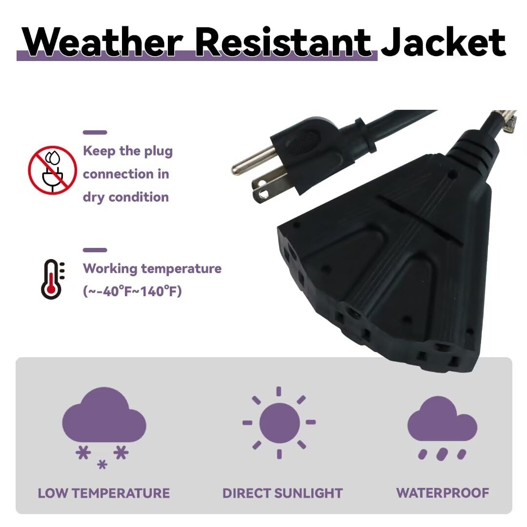 GREATIDE 25 Ft Outdoor Extension Cord with 3 Electrical Power Outlets - 16/3 SJTW Black Cable with 3 Prong Grounded Plug