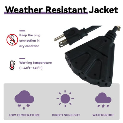 GREATIDE 25 Ft Outdoor Extension Cord with 3 Electrical Power Outlets - 16/3 SJTW Black Cable with 3 Prong Grounded Plug