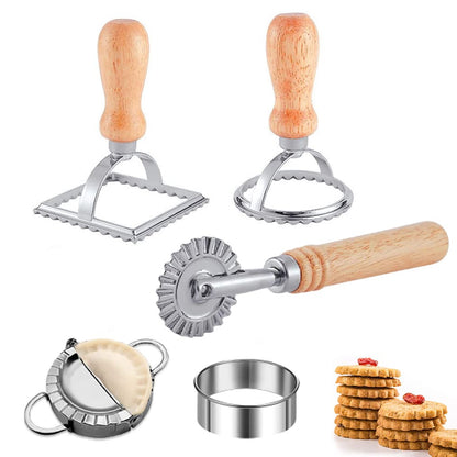 Ravioli Stamp Maker Pasta Cutter Set of 5, Ravioli Mold with Wooden Handle and Fluted Edges, Pasta Press Wheel Pasta Maker Tools for Making Dumplings, Pierogi (Silver+Wood)