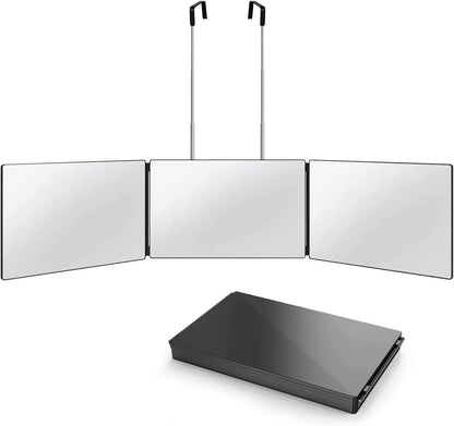 3 Way Mirror for Self Hair Cutting with Hooks, 360° Mirror for Hair Cutting, Tirfold Madeup Mirror with Height Adjustable for Shaving