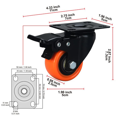 ASRINIEY Caster Wheels, 2 inch Casters Set of 4 Heavy Duty - Castor Wheels with Brake, Top Plate Swivel Orange Polyurethane Wheels, Locking Casters for Furniture and Cart