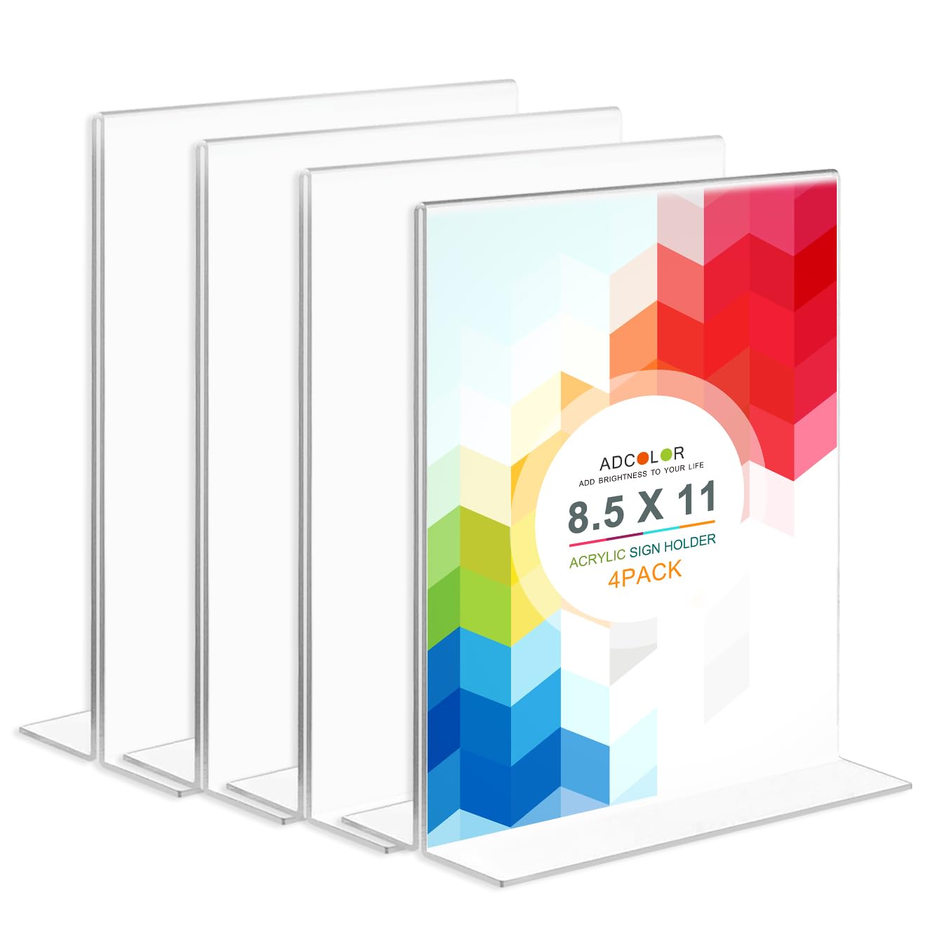 ADColor Clear Acrylic Sign Holder 8.5x11, Vertical Brochure Flyer Document Paper Display Holder for Office Desktop, Double Sided Plastic Picture Frame Table Menu Ad Display Stand for Restaurant Store Show Fairs-4Pack