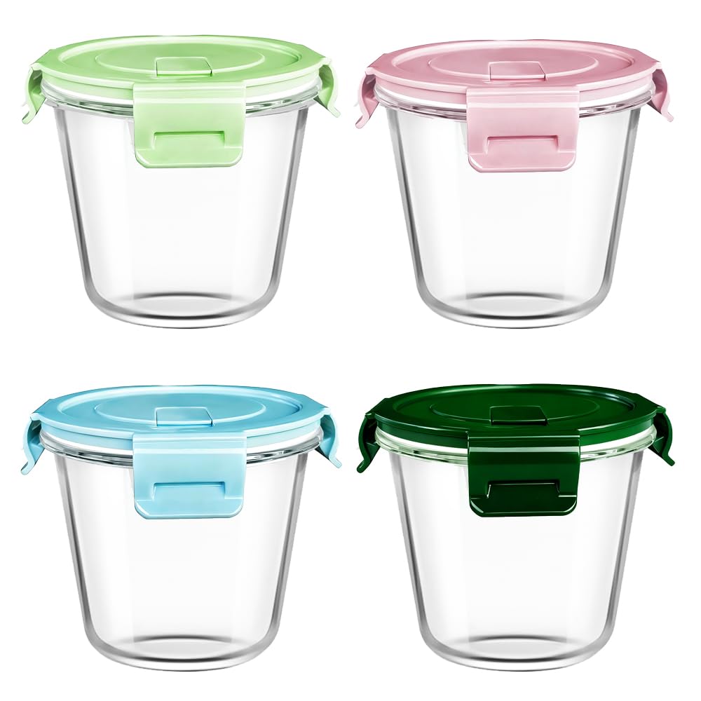 B.GUBOBOYA 4Pack Round Glass Soup Storage Containers with Locking Lids, 24oz Glass Food Containers BPA free, Round Food Containers for Salad, Soup, Lunch and Microwave, Freezer, Dishwasher Safe