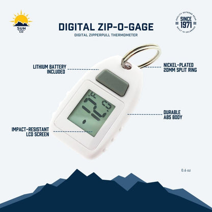 Sun Company Digital Zipogage - Compact Zipperpull Digital Thermometer | for Skiing, Snowboarding, Cold-Weather Camping, Snowshoeing, or Any Outdoor Activity