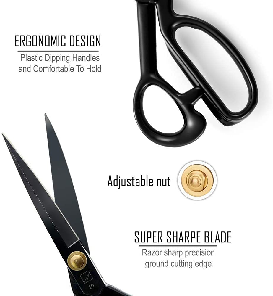 Sewing Scissors - Fabric Scissors 10 inch - Tailor's Dressmaking Shears Heavy Duty for Fabric, Leather Cutting, Sewing, Dressmaking, Tailoring, Altering (Right-Handed, Black)