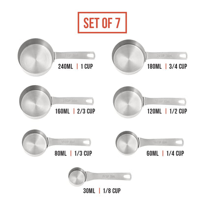 Chef Pomodoro Stainless Steel Measuring Cup Set, Nested and Stackable with 7 Pieces, Sturdy Extra-Long Handles with Lasered Markings and Sorting Ring, Metal Kitchen Spoons for Wet and Dry Ingredients