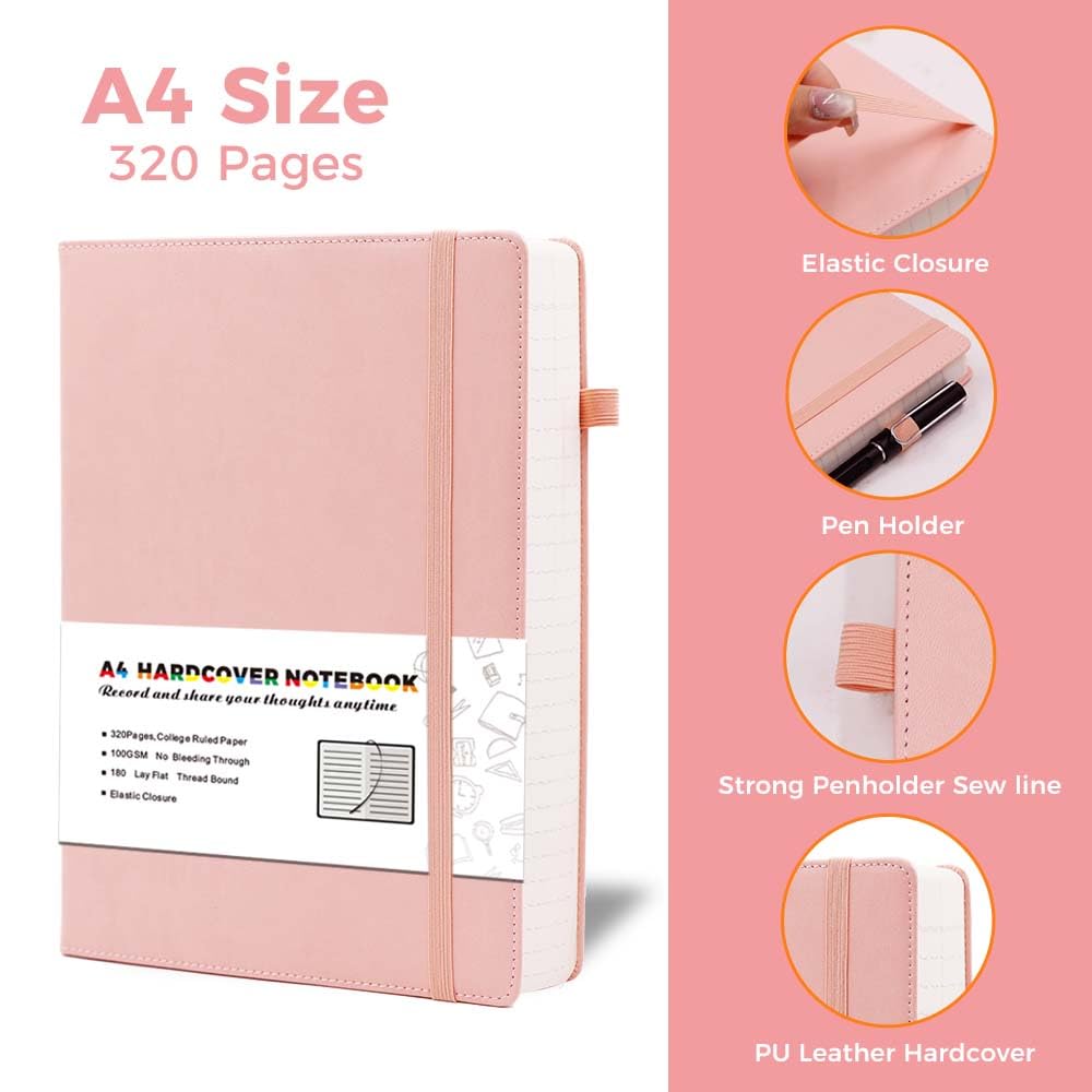 Deziliao 320 Pages Large A4 Lined Journal Notebooks with Pen Loop, Hardcover Notebook Journal for Work, 100Gsm Premium Thick Paper,8.5''×11'' College Ruled for School Work, Black
