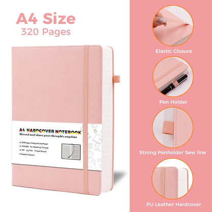 Deziliao 320 Pages Large A4 Lined Journal Notebooks with Pen Loop, Hardcover Notebook Journal for Work, 100Gsm Premium Thick Paper,8.5''×11'' College Ruled for School Work, Black