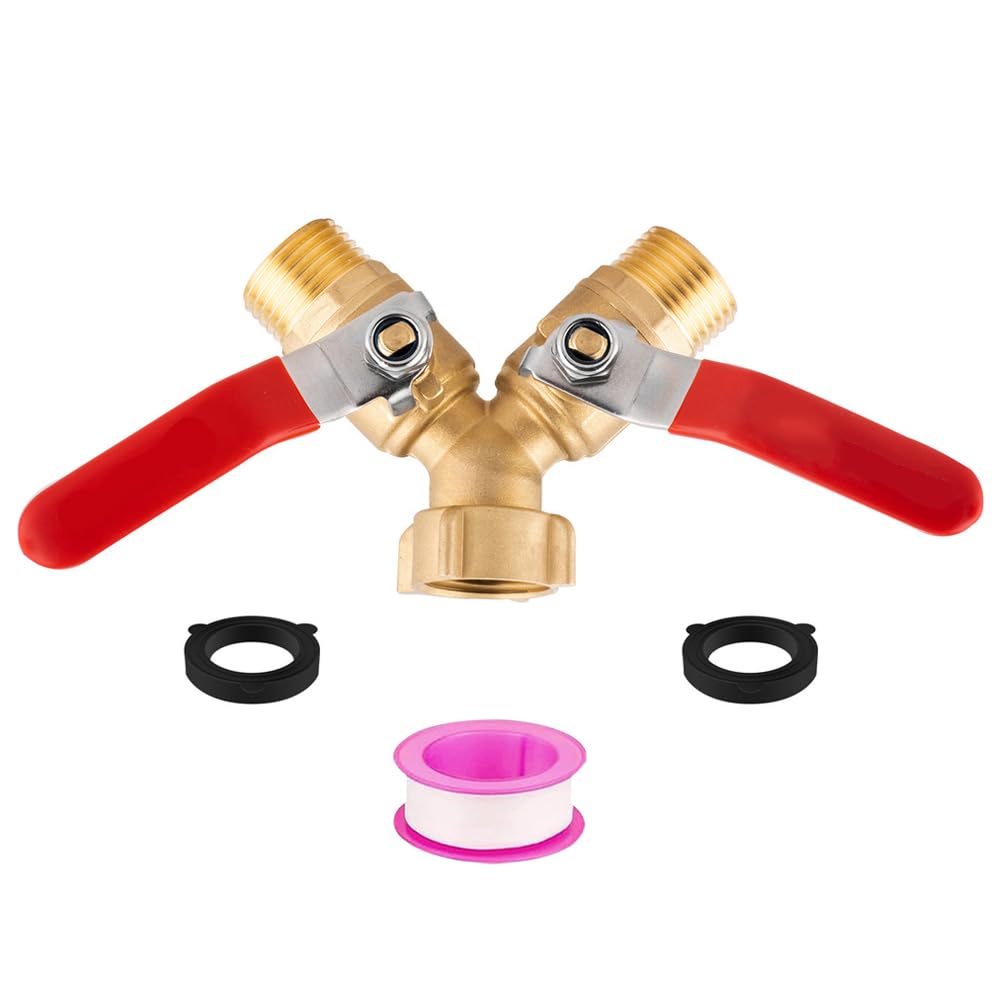 Y Valve 2 Way Hose Adapter Garden Hose Splitter Brass Splitter with Stainless Steel Long Handle Brass Y Valve Water Garden Thread Quick Connect Connector Shut Off Bib (0.75inch)