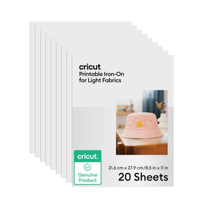 Cricut Printable Iron-On for Light Fabrics, 20 Sheets (8.5" x 11") - Print HTV Compatible with Inkjet Printers - for Joy Xtra, Explore, & Maker Machines