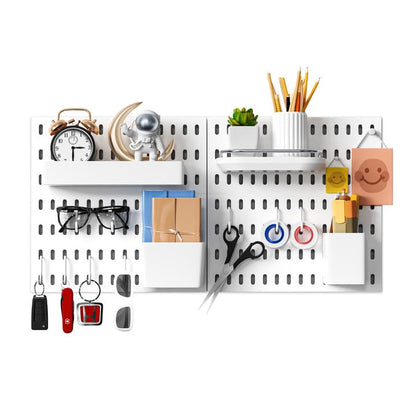 White Plastic Pegboard Organizer Wall Panel, Home Office Kitchen Garage Peg Board Wall Organizer Panels with Hooks Desk Adhesive Pegboards Rack Accessories Kit Display (2 Boards -8 Accessories)