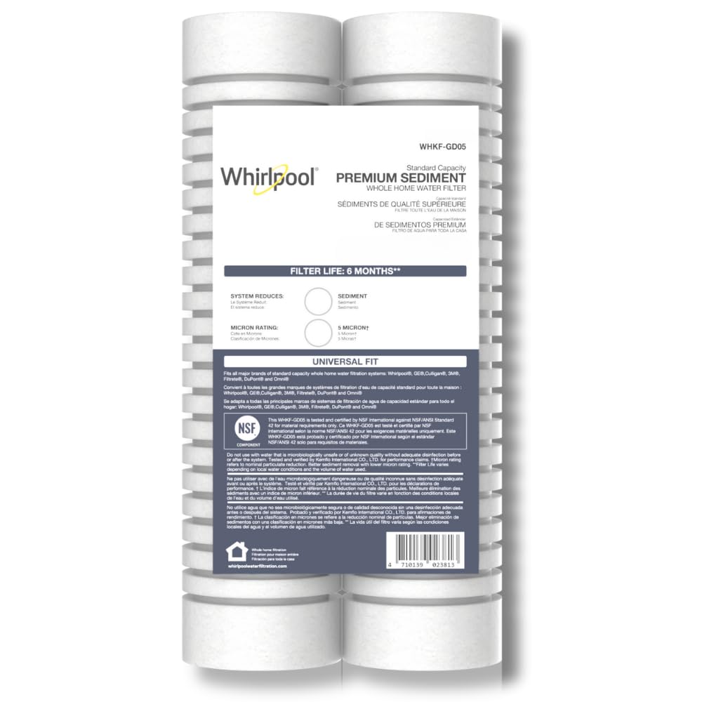 Whirlpool 10" x 2.5" Whole Home Standard Capacity Sediment Filters WHKF-GD05, 5 Micron, 6-Month Filter Life, Reduces Sediment, Sand, Soil, Silt & Rust, for Standard Filter housings, 2-Pack