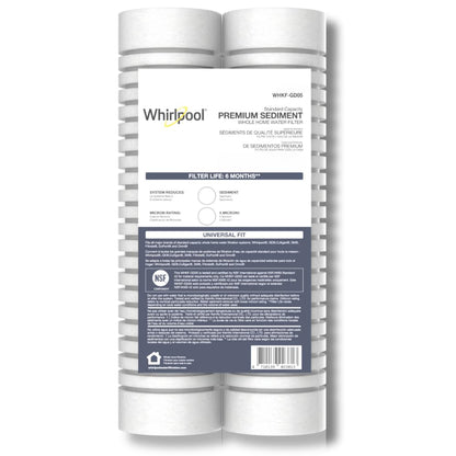 Whirlpool 10" x 2.5" Whole Home Standard Capacity Sediment Filters WHKF-GD05, 5 Micron, 6-Month Filter Life, Reduces Sediment, Sand, Soil, Silt & Rust, for Standard Filter housings, 2-Pack