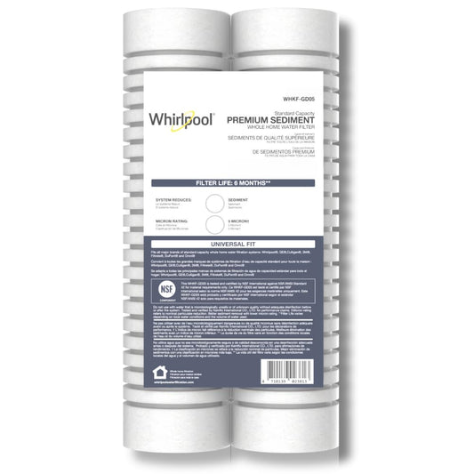 Whirlpool 10" x 2.5" Whole Home Standard Capacity Sediment Filters WHKF-GD05, 5 Micron, 6-Month Filter Life, Reduces Sediment, Sand, Soil, Silt & Rust, for Standard Filter housings, 2-Pack