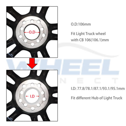 WHEEL CONNECT Hub Centric Rings, 106 to 87.1, Set of 4, ABS Plastic Hubrings, O.D:106 (106.1) - I.D:87.1mm.