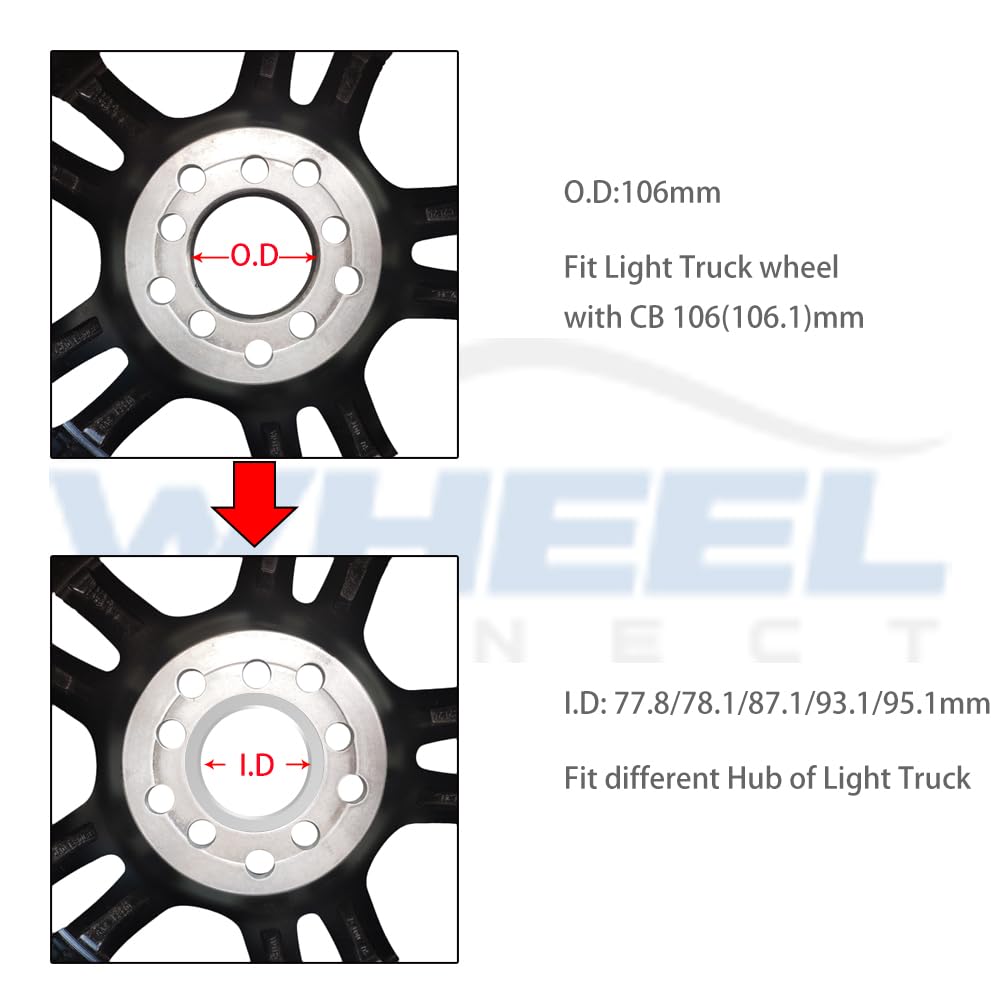 WHEEL CONNECT Hub Centric Rings, 106 to 78.1, Set of 4, ABS Plastic Hubrings, O.D:106 (106.1) - I.D:78.1mm.
