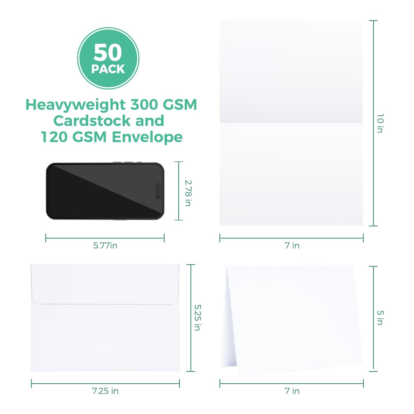 Blank White Cards and Envelopes 50 Pack, Ohuhu 5 x 7 Heavyweight Folded Cardstock and A7 Envelopes for DIY Greeting Cards, Wedding, Birthday, Invitations, Thank You Cards & All Occasions