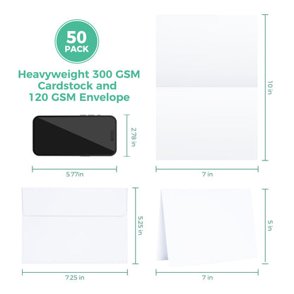 Blank White Cards and Envelopes 50 Pack, Ohuhu 5 x 7 Heavyweight Folded Cardstock and A7 Envelopes for DIY Greeting Cards, Wedding, Birthday, Invitations, Thank You Cards & All Occasions