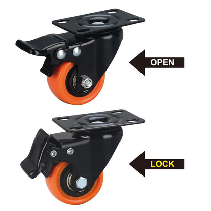 ASRINIEY Caster Wheels, 2 inch Casters Set of 4 Heavy Duty - Castor Wheels with Brake, Top Plate Swivel Orange Polyurethane Wheels, Locking Casters for Furniture and Cart