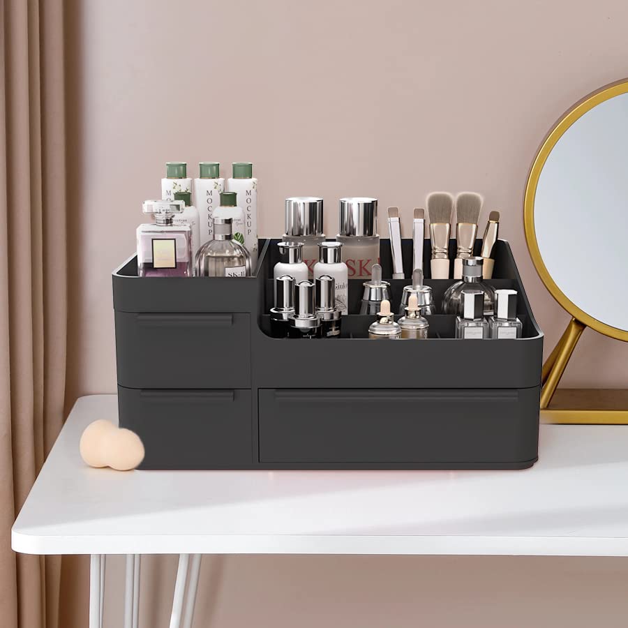 Black Plastic Vanity Makeup Organizer, 6-Compartment Holder for Brushes, Eyeshadow Palettes, & Beauty Supplies, Easy to use with drawer organizer tray