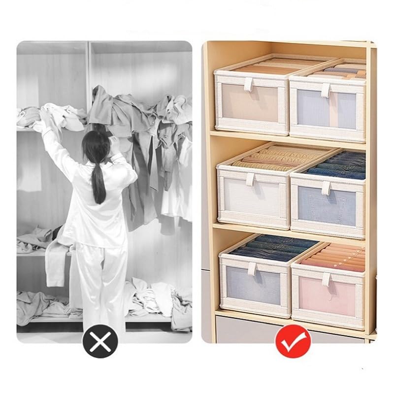 6 Pcs Linen Closet Organizers and Storage Clothing Bins Large Foldable Box with Window Storage Baskets for Closet Shelf Clothes Jeans Toys Organization, Cube Storage Boxes for Organizing