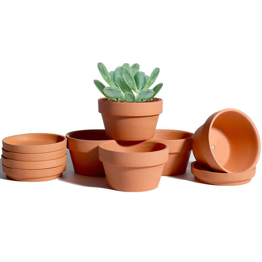 3.7 Inch Terracotta Shallow Succulent Pots - 6 Pack Terra Cotta Clay Pot with Saucer, Cacuts Indoor and Outdoor Planters with Drainage Hole