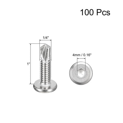 uxcell Hex Socket Self Tapping Screws, 1/4 x 1 410 Stainless Steel Sheet Metal Flat Head Drilling Screw 100pcs, Silver