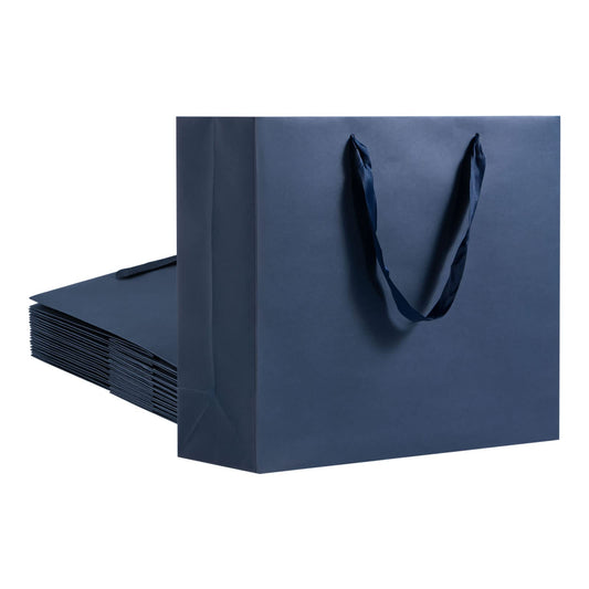 Umoonfine Umoofine Large Navy Blue Gift Bag with Ribbon Handles 12 Pack, 12.6x4.5x11 inches Extra Large Navy Reusable Heavy Duty Kraft Navy Blue Kraft Paper Bags Bulk for Shopping, Gift, Retail