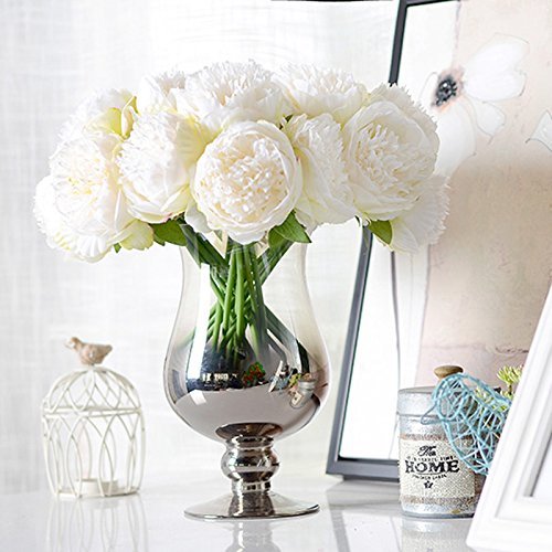 U'Artlines 2 Bouquet 10Heads Artificial Peony Silk Flower Leaf Home Office Wedding Party Festival Bar Decor (White)