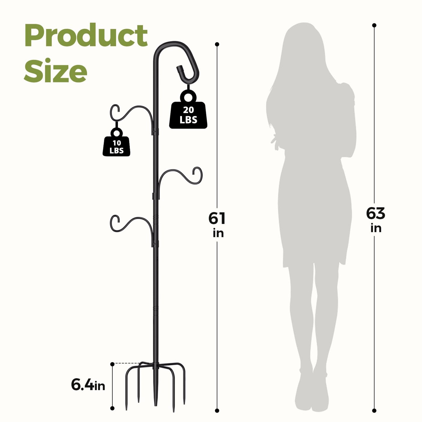 Bamworld 61 Inch Shepherds Hook for Outdoor, 5 Prong Heavy Duty Bird Feeder Pole Stand with Adjustable Hooks for Hanging Plants, Wind Chimes, Garden Decor