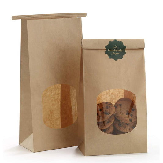 BagDream Cookie Bags 100Pcs 4.5x2.36x9.6 Inches Bakery Bag with Window Small Brown Kraft Paper Bags Tin Tie Tab Lock Treat Bag Recyclable for Coffee Bean Bread Muffin Popcorn Party Wedding Bags