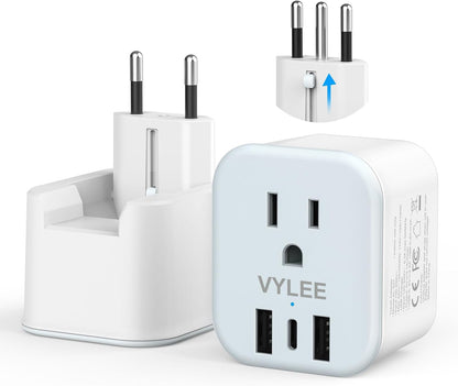 2 Pack European Travel Plug Adapter, VYLEE Foldable Travel Adapter with 3 USB (1 USB C Port) and 1 AC Outlets Charger for Canada to Most of Europe - EU France Germany Spain Italy