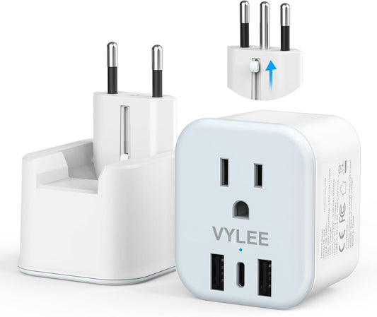 2 Pack European Travel Plug Adapter, VYLEE Foldable Travel Adapter with 3 USB (1 USB C Port) and 1 AC Outlets Charger for Canada to Most of Europe - EU France Germany Spain Italy