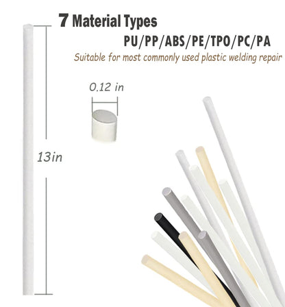 106pcs Plastic Welding Rods ABS PP PU PE PA PC TPO 7 Types of Plastic Welder Rods for Car Bumper Kayak Repair Kit with Reinforcing Stainless Steel Mesh Plastic Welding Kit Welding Supplies