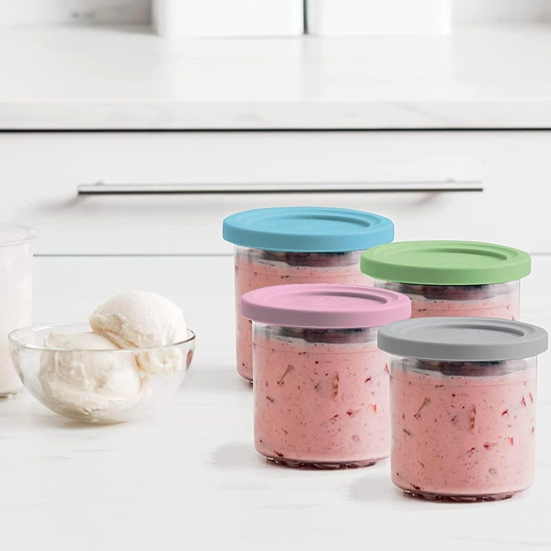 4 Pack Pints and Lids for Ninja Creami NC299AMZ NC300C NC301C CN302CCO Series Ice Cream Makers, BPA-Free & Dishwasher Safe, 16oz SharkNinja Creamy Containers Replacement