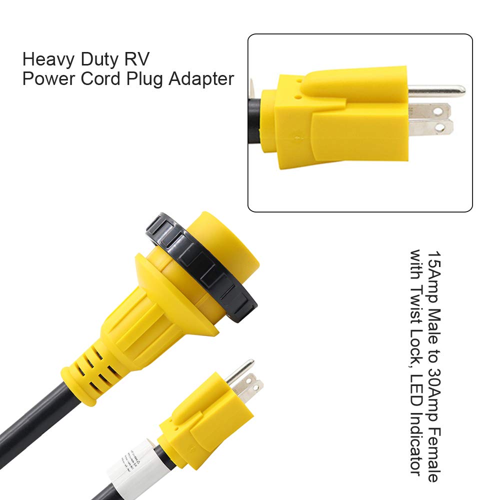 Anxingo Heavy Duty RV Adapter Power Cord Plug, 15 Amp Male to 30 Amp Female with Twist Lock, RV Adapter Power Conversion Cable 125V
