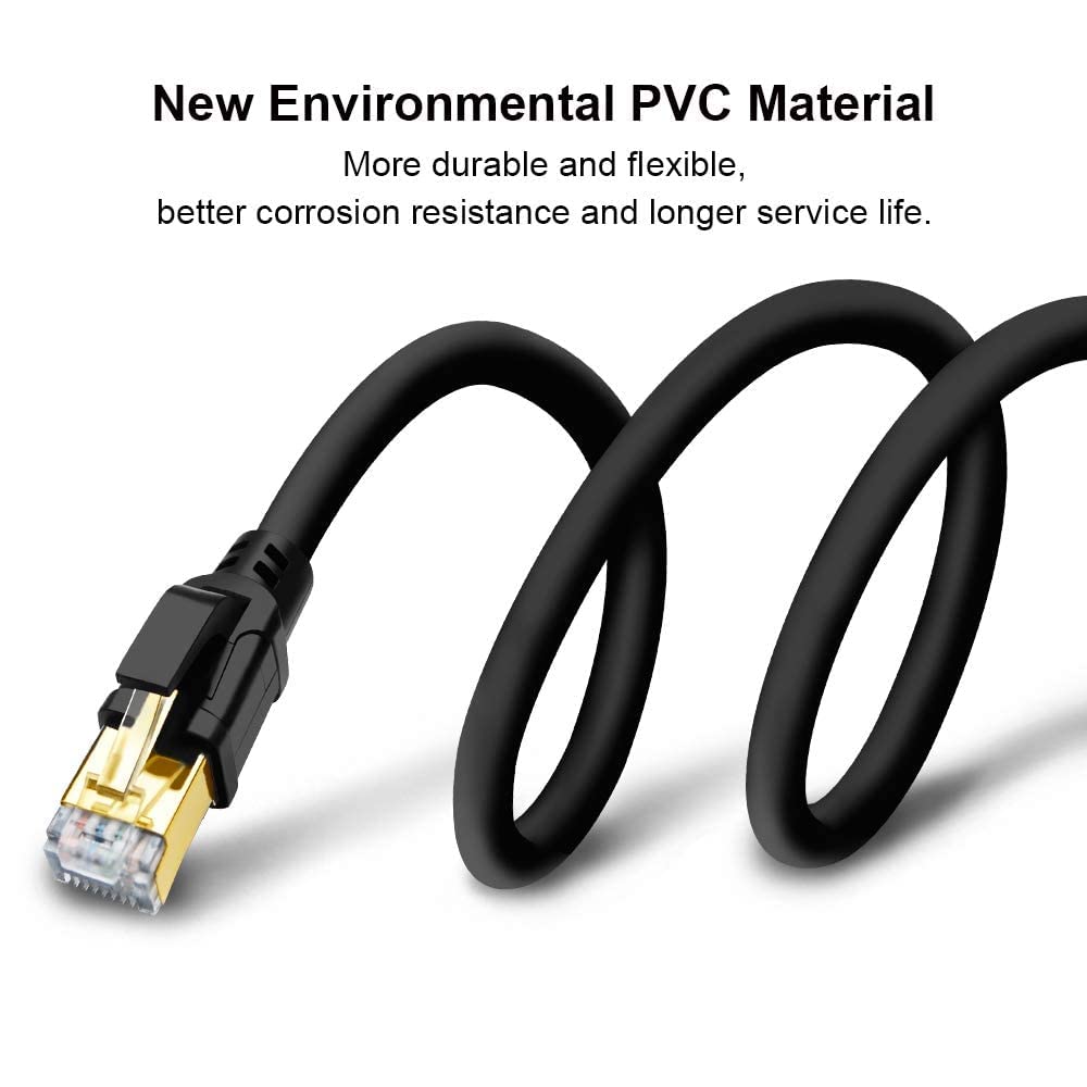 Yauhody CAT8 Ethernet Cable 33FT, High Speed 40Gbps 2000MHz 26AWG Internet Network LAN Cable with Gold Plated RJ45 Connector for Router, Modem, PC, Switches, Hub, Laptop, Gaming, Xbox (33ft/10m) Black