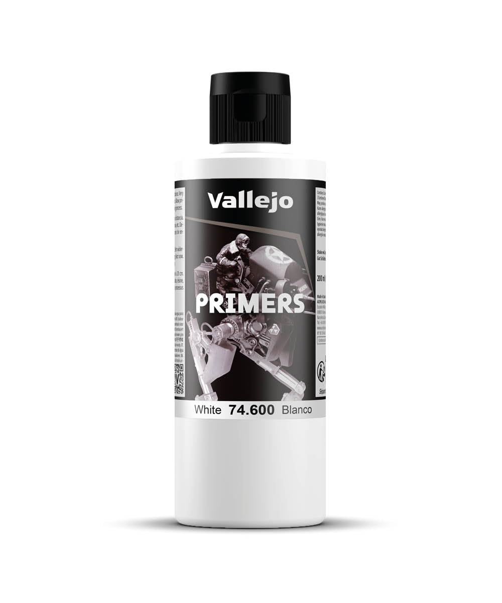 Vallejo - Surface Primer Color | White Acrylic Primer 200 ml (6.76 fl.oz.) | Matte Finish and Fast Drying | Perfect for Airbrushing and Great Adhesion to Figurines and Scale Models