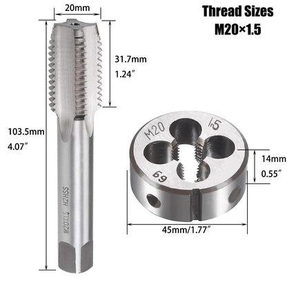 Saipor M20 X 1.5 Metric Tap and Die Set M20 X 1.5mm HSS Straight Fluted Machine Thread Right Hand Screw Tap and Round Threading Die