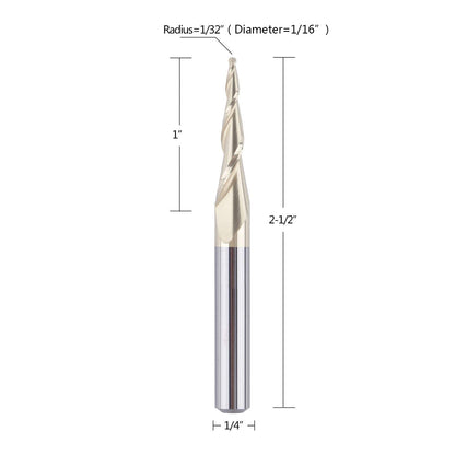 SpeTool Tapered Ball Nose End Mill 1/4" Shank with 1/32" Cutting Radius for 3D Carving Engraving Router Bit, ZrN Coated