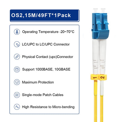 FLYPROFiber- 15M OS2 LC to LC Fiber Patch Cable | Length Options: 0.2m-100m, Single Mode Duplex 9/125um SMF Fiber Optic Cable Cord LSZH 15Meter(49ft)
