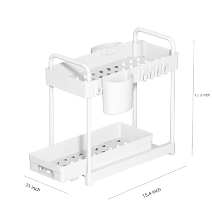 2 Pack Under Sink Organizer for Efficiently Utilizing Space, 2 Tier Bathroom Cabinet Organizers and Storage, Multi-purpose Kitchen Organizer and Storage with Hooks and Cups(White)