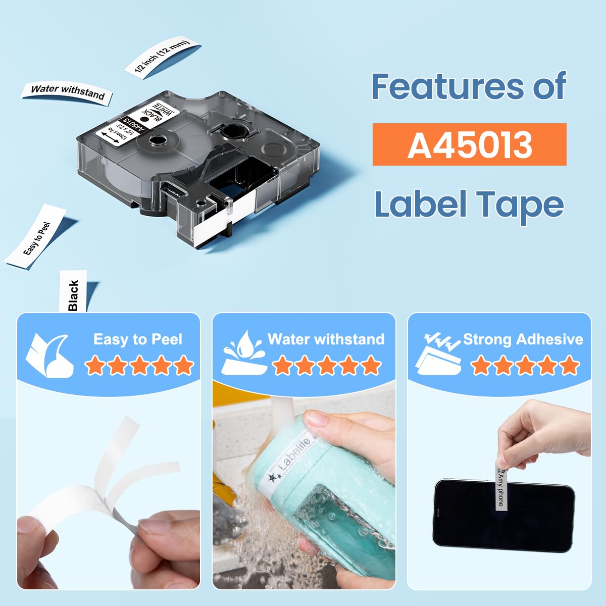 Replace for DYMO Label Maker Refills 45013 Compatible with DYMO D1 Label Tape 1/2'' x 23' (12mm x 7m) 45013s S0720530 for Dymo Labelmanager 160 280 210D 360D 420P, Black on White, 5-Pack