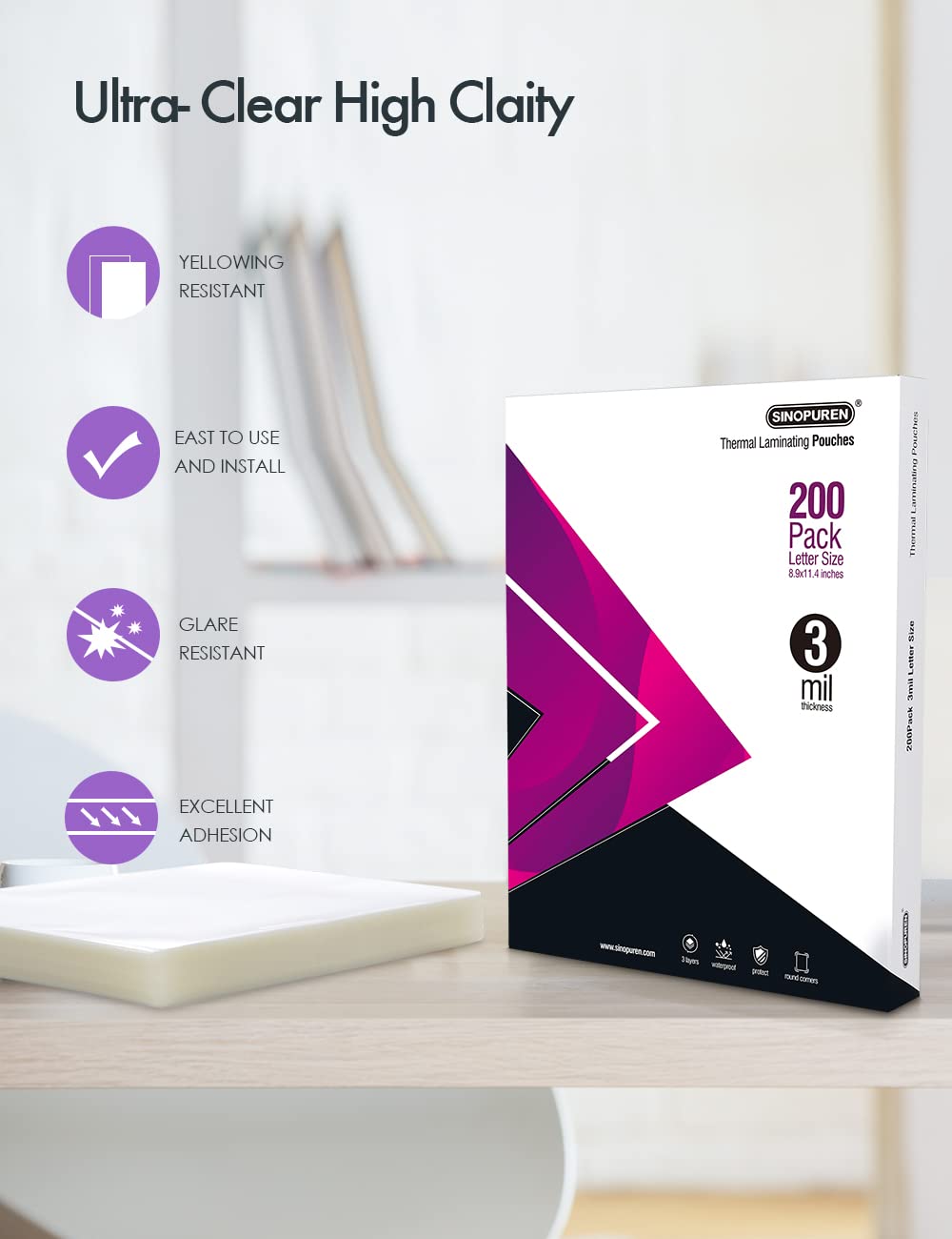 Letter Size Laminating Sheets 8.5 x 11, 3Mil Thick, 200 Pack Thermal Laminating Pouches for Heat Seal Laminators, Glossy Finish for School, Office, Crafts