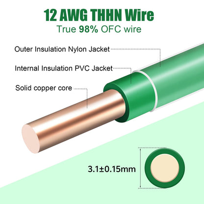 12 Gauge THHN Wire 30 FT Rated 600V OFC Cable, 12 AWG Solid Copper Wire with Nylon Jacket for Building Residential, CNC, Ground, Industrial (12 Gauge, Green)