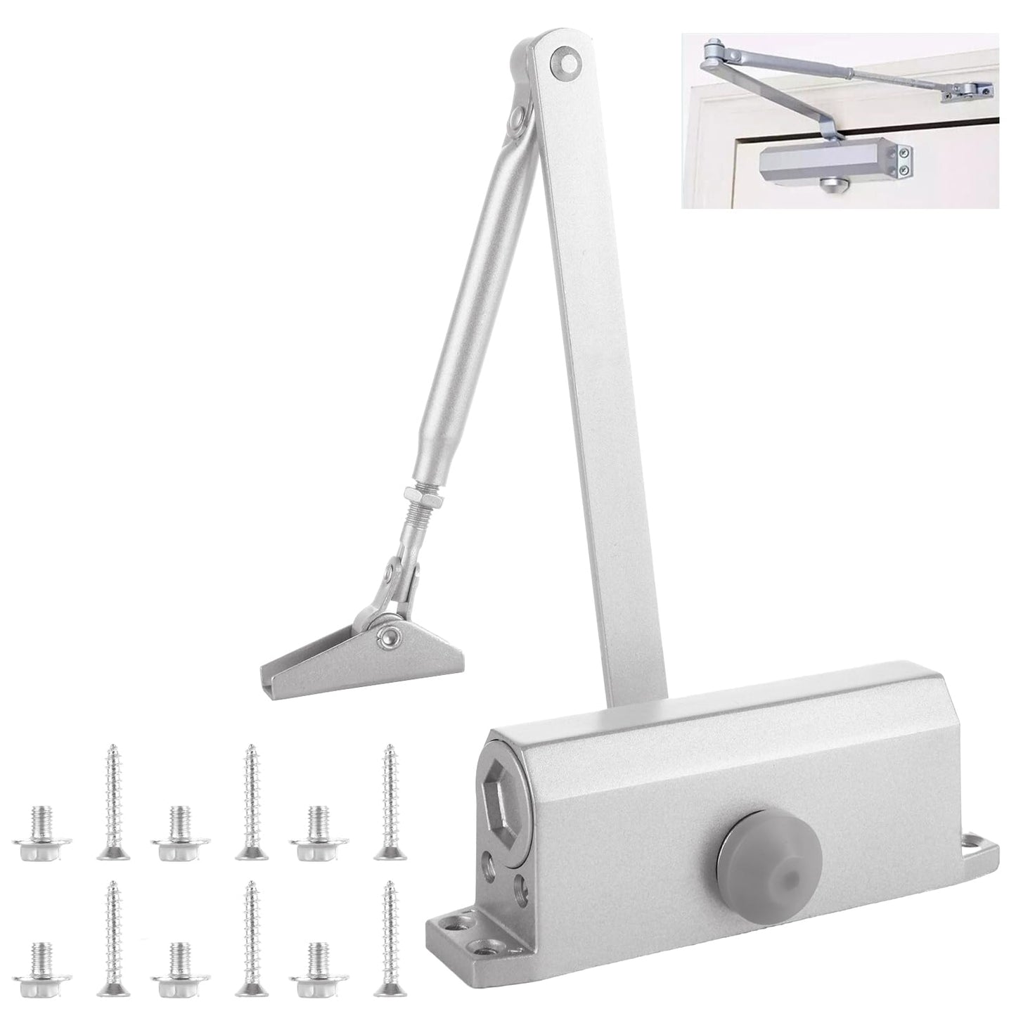 Automatic Door Closer for Home Adjustable Spring Hydraulic Door Closer Aluminum Finish Automatic Door Closing Commercial & Home Use for 45KG Middle-Weight Door (180 Degree Positioning)