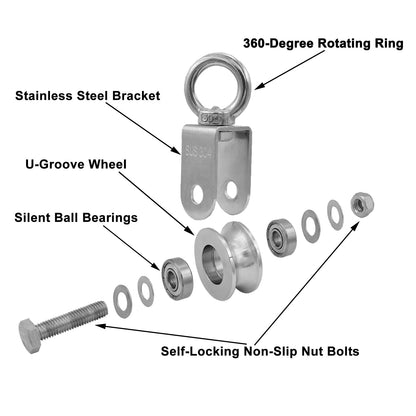 2 Inch U-Type Pulleys for Rope, Stainless Steel M10 Swivel Pulley Block with Bearing, U-Groove Roller Single Pulley Wheel for Pulley System Lifting Gym Equipment Cable Traction Wheels 1 Pack